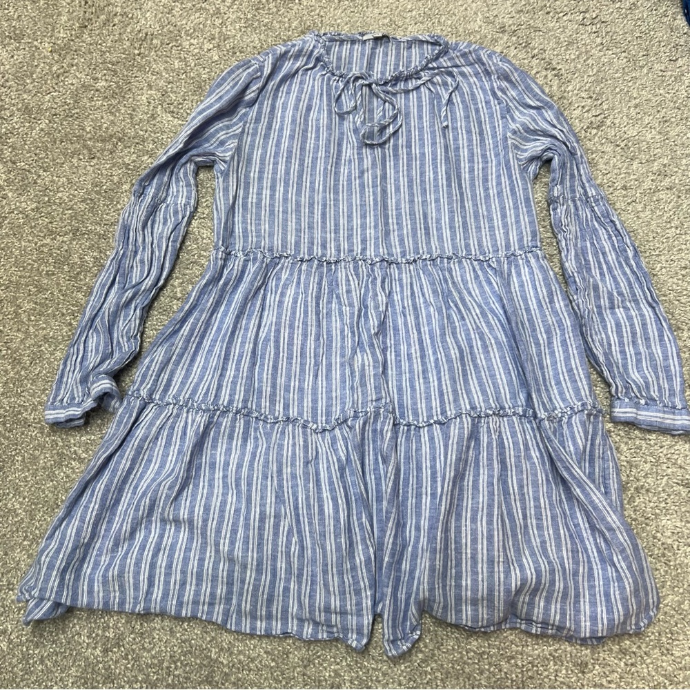 Rails Dress Womens XS Everly Ludlow Stripe Long Sleeve Mini Blue Linen Blend